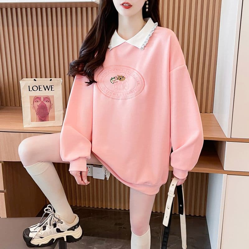 실사 2026 봄 가을 모방 후아 면 복잡한 우유 실크 POLO 칼라 빅 사이즈 지방 mm 맨위 얇은 스타일 후드티 여성 상세 이미지 15
