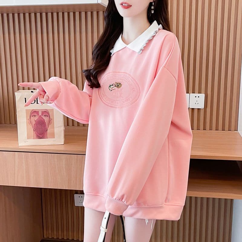 실사 2026 봄 가을 모방 후아 면 복잡한 우유 실크 POLO 칼라 빅 사이즈 지방 mm 맨위 얇은 스타일 후드티 여성 상세 이미지 18