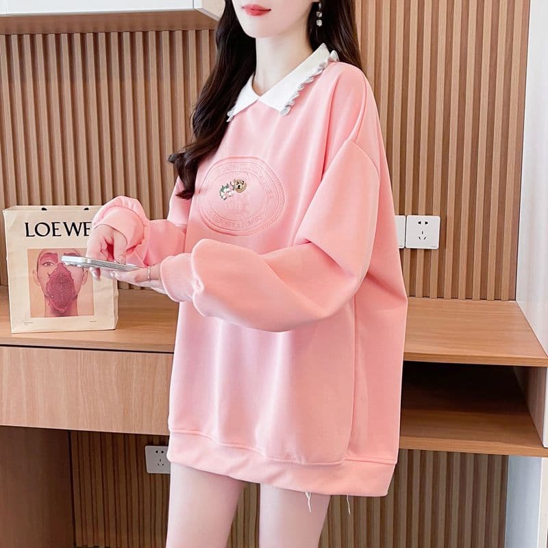 실사 2026 봄 가을 모방 후아 면 복잡한 우유 실크 POLO 칼라 빅 사이즈 지방 mm 맨위 얇은 스타일 후드티 여성 상세 이미지 19
