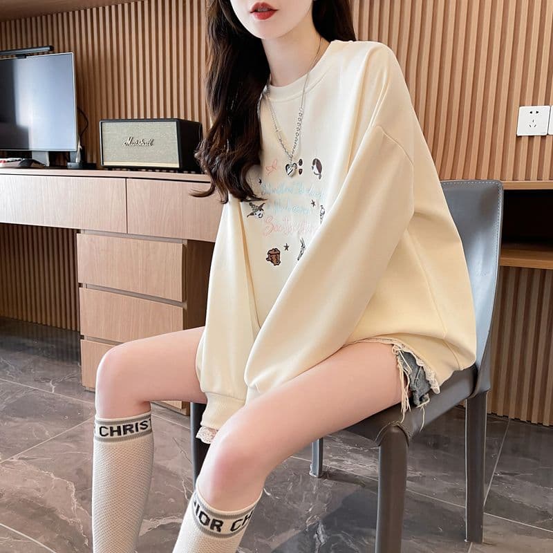 실사 2026 봄과 가을 옷 모방 후아 면 복합 우유 실크 루즈핏 지방 mm 레이스 조각 얇은 스타일 후드티 여성 상세 이미지 2
