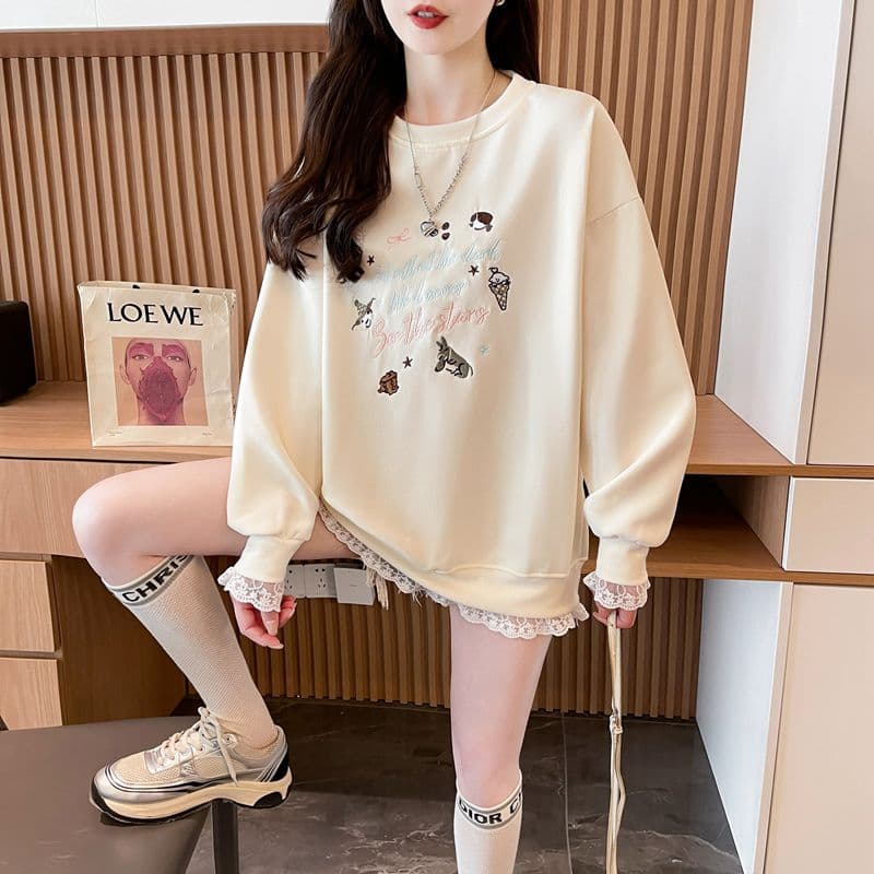 실사 2026 봄과 가을 옷 모방 후아 면 복합 우유 실크 루즈핏 지방 mm 레이스 조각 얇은 스타일 후드티 여성 상세 이미지 3