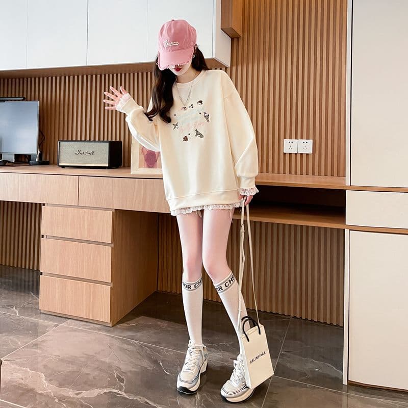 실사 2026 봄과 가을 옷 모방 후아 면 복합 우유 실크 루즈핏 지방 mm 레이스 조각 얇은 스타일 후드티 여성 상세 이미지 4