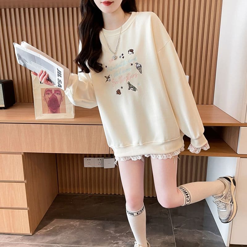 실사 2026 봄과 가을 옷 모방 후아 면 복합 우유 실크 루즈핏 지방 mm 레이스 조각 얇은 스타일 후드티 여성 상세 이미지 6