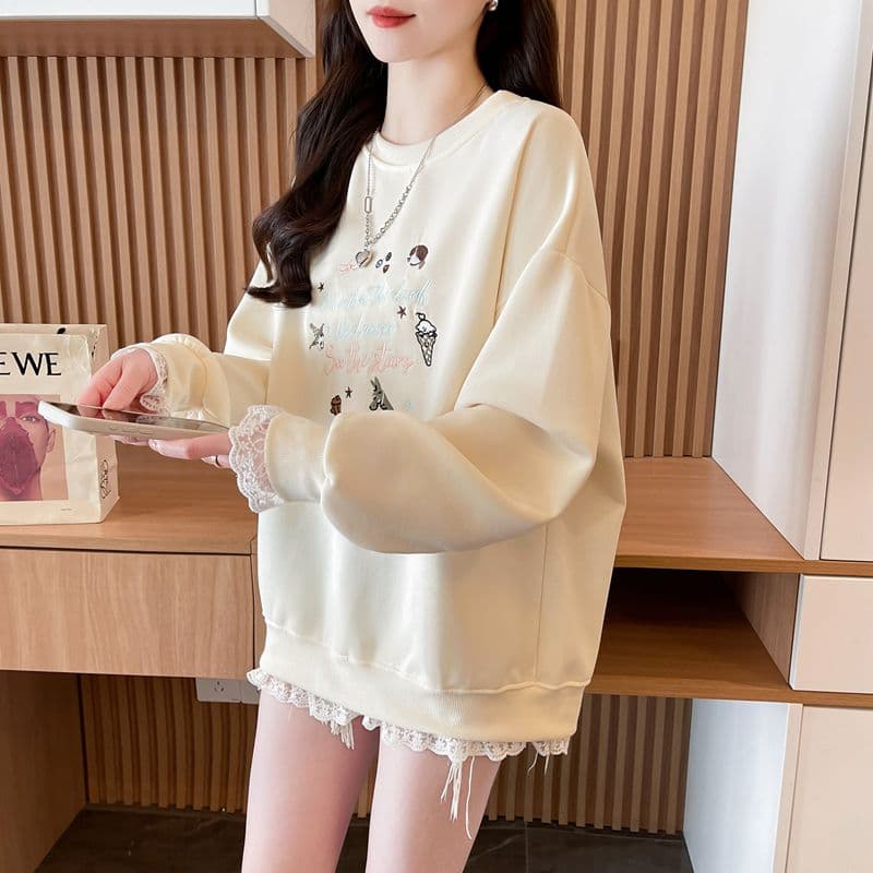 실사 2026 봄과 가을 옷 모방 후아 면 복합 우유 실크 루즈핏 지방 mm 레이스 조각 얇은 스타일 후드티 여성 상세 이미지 7