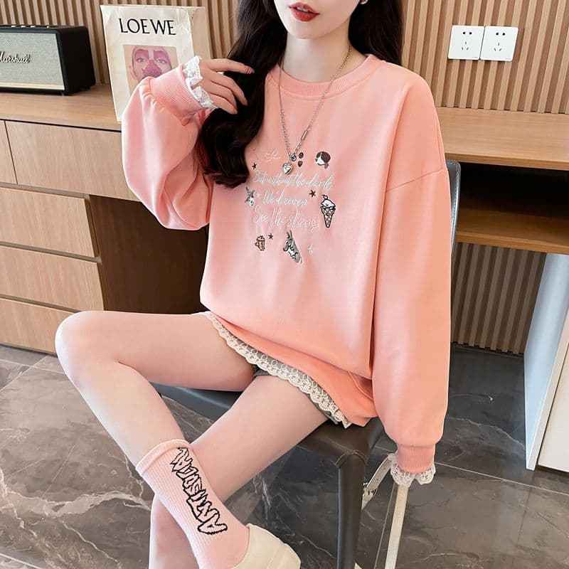 실사 2026 봄과 가을 옷 모방 후아 면 복합 우유 실크 루즈핏 지방 mm 레이스 조각 얇은 스타일 후드티 여성 상세 이미지 10