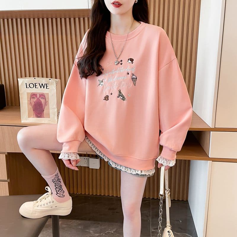 실사 2026 봄과 가을 옷 모방 후아 면 복합 우유 실크 루즈핏 지방 mm 레이스 조각 얇은 스타일 후드티 여성 상세 이미지 11
