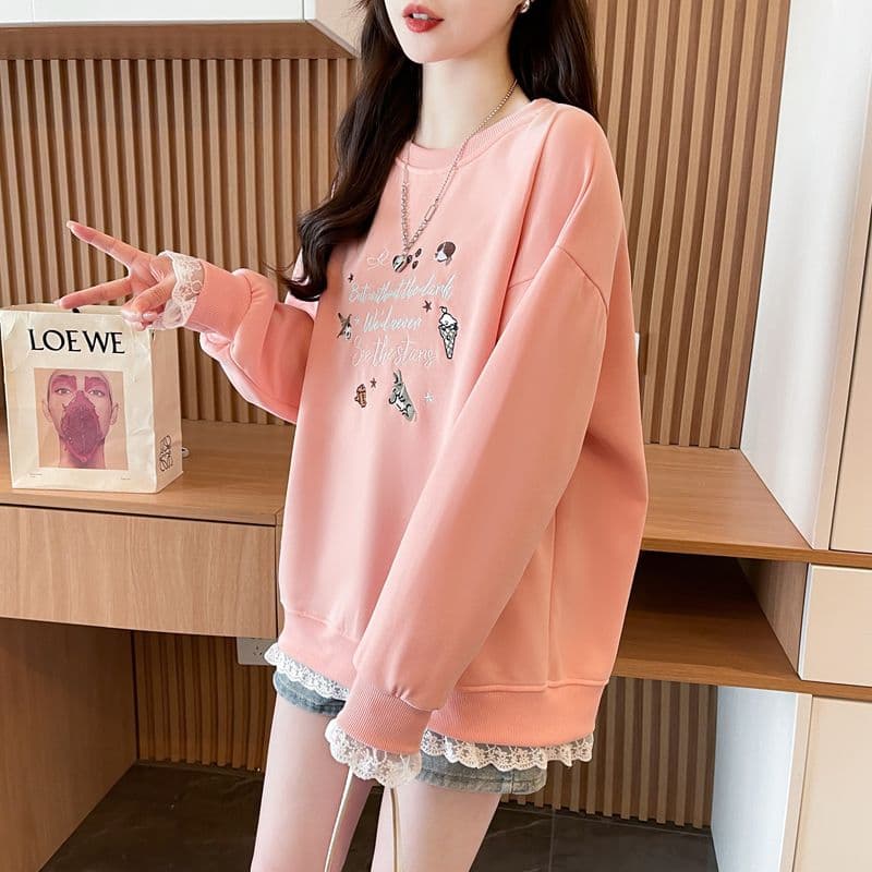 실사 2026 봄과 가을 옷 모방 후아 면 복합 우유 실크 루즈핏 지방 mm 레이스 조각 얇은 스타일 후드티 여성 상세 이미지 14