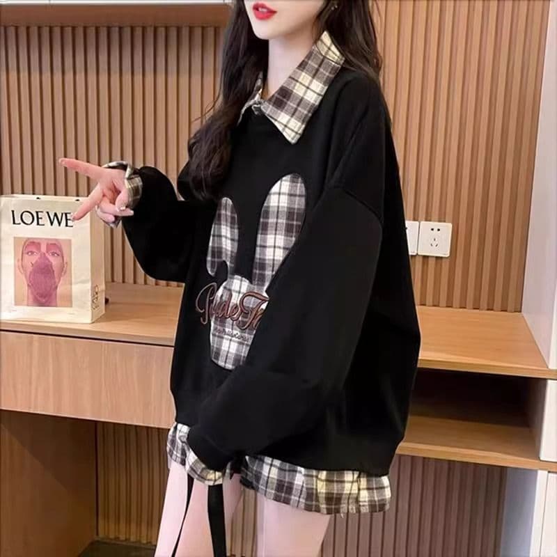 가을 의상 모방 후아 면 복잡한 우유 실크 페이크 레이어드 빅 사이즈 지방 mm 재킷 얇은 스타일 후드티 여성 이미지 2