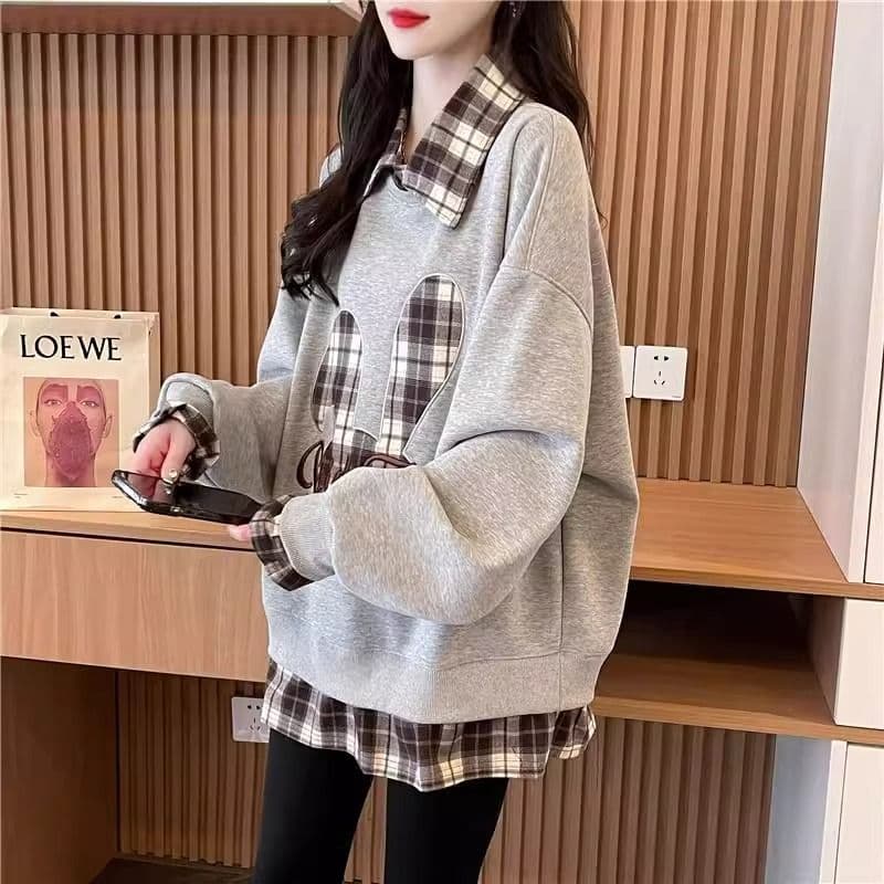 가을 의상 모방 후아 면 복잡한 우유 실크 페이크 레이어드 빅 사이즈 지방 mm 재킷 얇은 스타일 후드티 여성 이미지 3
