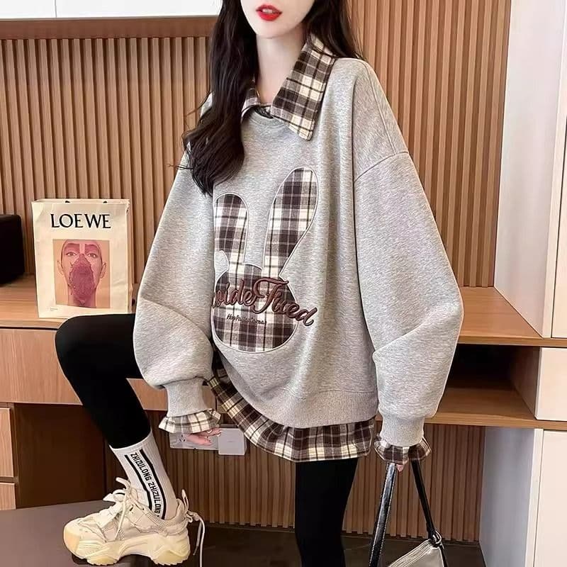 가을 의상 모방 후아 면 복잡한 우유 실크 페이크 레이어드 빅 사이즈 지방 mm 재킷 얇은 스타일 후드티 여성 이미지 5