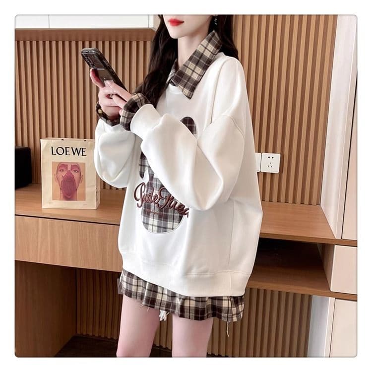 가을 의상 모방 후아 면 복잡한 우유 실크 페이크 레이어드 빅 사이즈 지방 mm 재킷 얇은 스타일 후드티 여성 상세 이미지 5