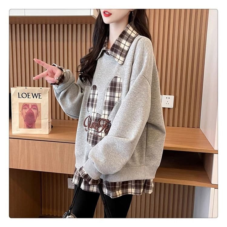 가을 의상 모방 후아 면 복잡한 우유 실크 페이크 레이어드 빅 사이즈 지방 mm 재킷 얇은 스타일 후드티 여성 상세 이미지 10