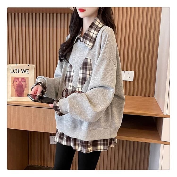 가을 의상 모방 후아 면 복잡한 우유 실크 페이크 레이어드 빅 사이즈 지방 mm 재킷 얇은 스타일 후드티 여성 상세 이미지 11