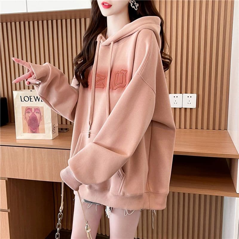 가을 의상 모방 후아 면 복합 우유 실크 루즈핏 빅 사이즈 후드 얇은 스타일 후드티 여성