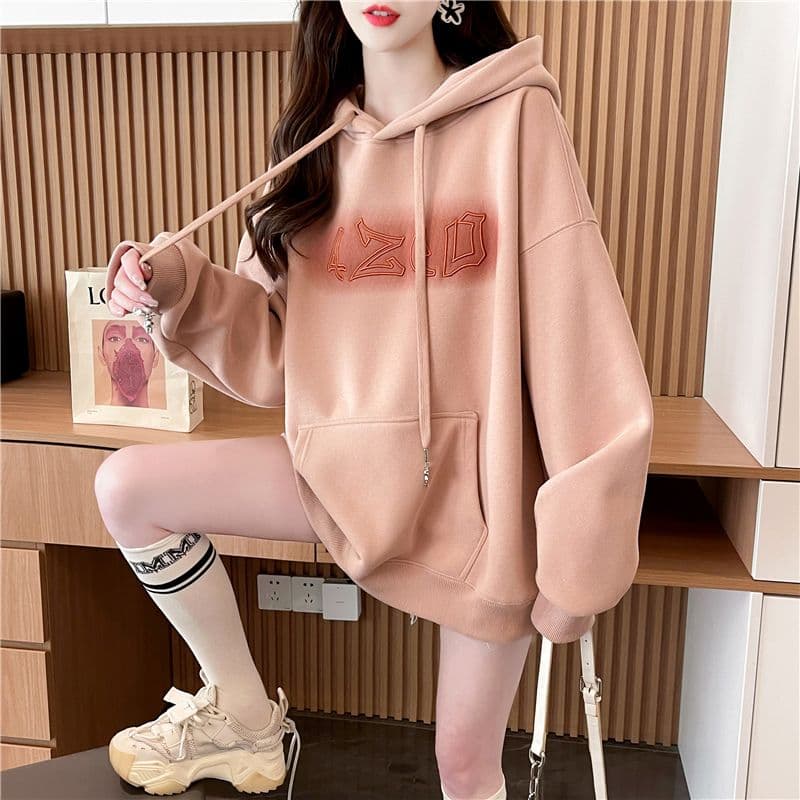 가을 의상 모방 후아 면 복합 우유 실크 루즈핏 빅 사이즈 후드 얇은 스타일 후드티 여성 이미지 2