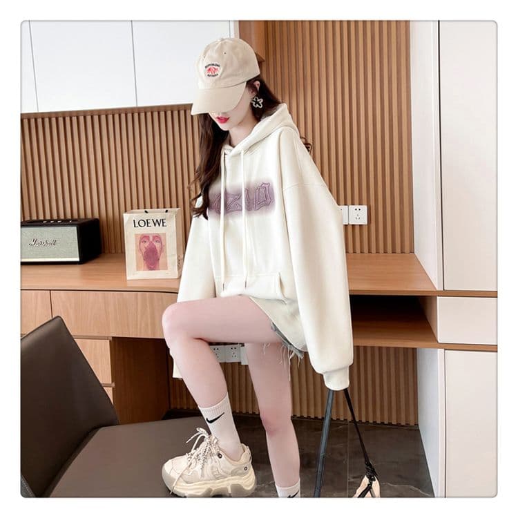 가을 의상 모방 후아 면 복합 우유 실크 루즈핏 빅 사이즈 후드 얇은 스타일 후드티 여성 상세 이미지 2