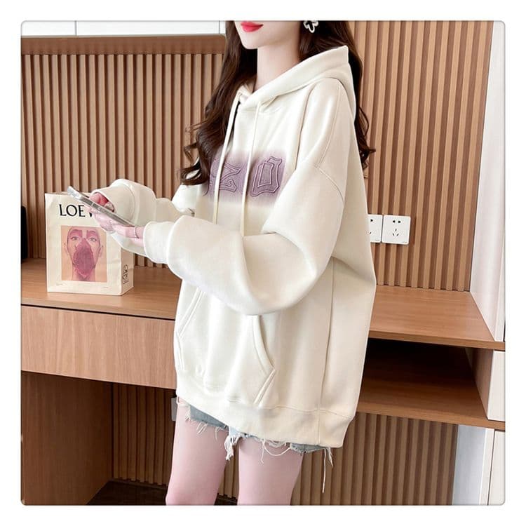 가을 의상 모방 후아 면 복합 우유 실크 루즈핏 빅 사이즈 후드 얇은 스타일 후드티 여성 상세 이미지 5