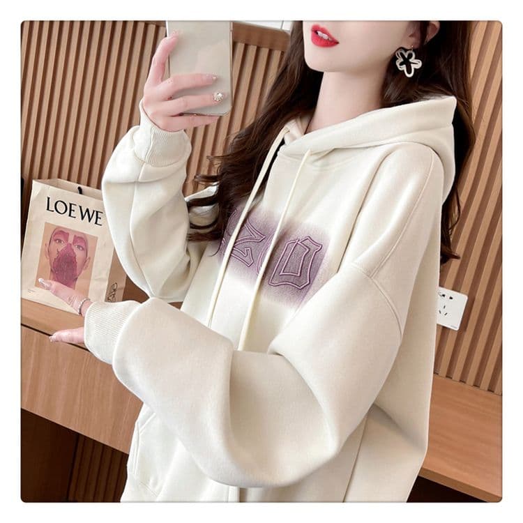 가을 의상 모방 후아 면 복합 우유 실크 루즈핏 빅 사이즈 후드 얇은 스타일 후드티 여성 상세 이미지 6