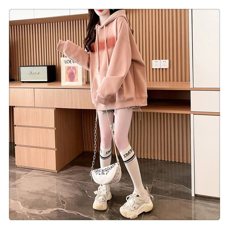 가을 의상 모방 후아 면 복합 우유 실크 루즈핏 빅 사이즈 후드 얇은 스타일 후드티 여성 상세 이미지 9