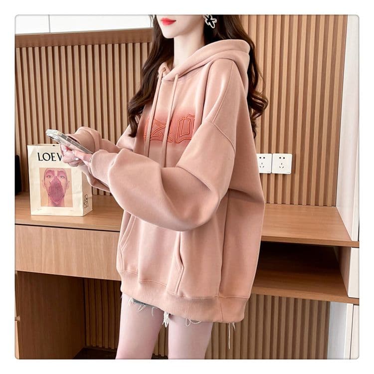 가을 의상 모방 후아 면 복합 우유 실크 루즈핏 빅 사이즈 후드 얇은 스타일 후드티 여성 상세 이미지 11