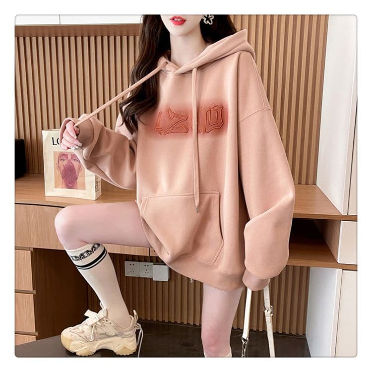 가을 의상 모방 후아 면 복합 우유 실크 루즈핏 빅 사이즈 후드 얇은 스타일 후드티 여성 상세 이미지 14