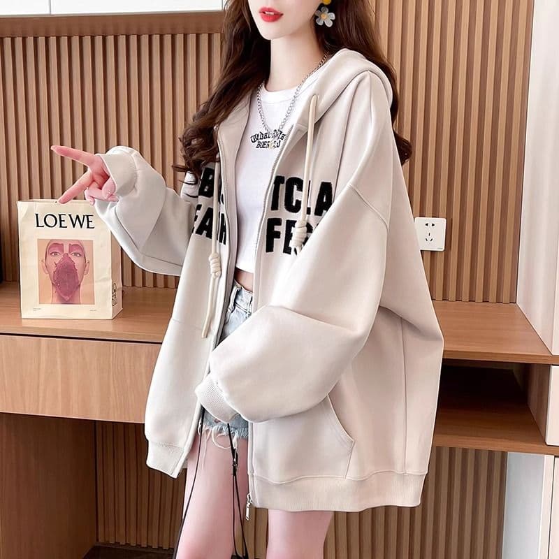 봄과 가을 옷 모방 후아 면 복잡한 우유 실크 빅 사이즈 지방 mm 지퍼 재킷 얇은 스타일 후드티 여성