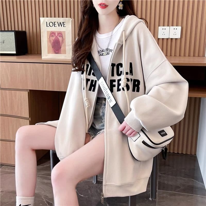 봄과 가을 옷 모방 후아 면 복잡한 우유 실크 빅 사이즈 지방 mm 지퍼 재킷 얇은 스타일 후드티 여성 이미지 5