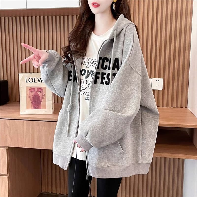 봄과 가을 옷 모방 후아 면 복잡한 우유 실크 빅 사이즈 지방 mm 지퍼 재킷 얇은 스타일 후드티 여성 이미지 2