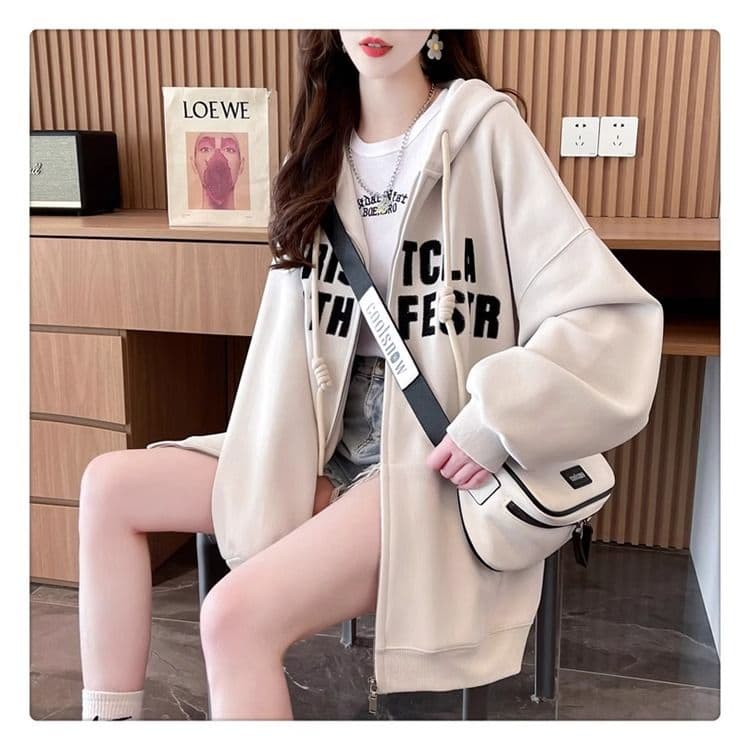 봄과 가을 옷 모방 후아 면 복잡한 우유 실크 빅 사이즈 지방 mm 지퍼 재킷 얇은 스타일 후드티 여성 상세 이미지 2