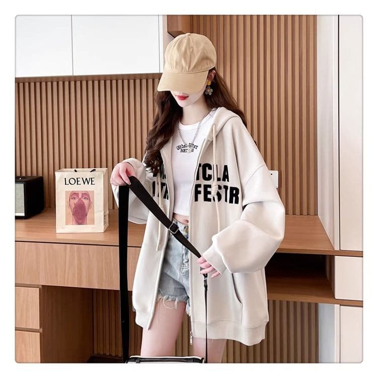 봄과 가을 옷 모방 후아 면 복잡한 우유 실크 빅 사이즈 지방 mm 지퍼 재킷 얇은 스타일 후드티 여성 상세 이미지 5