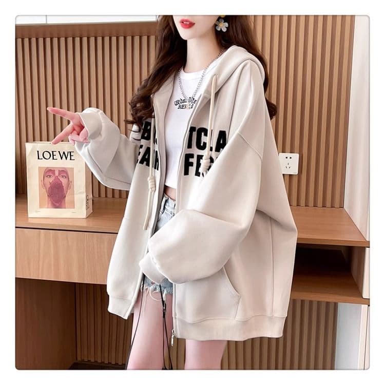 봄과 가을 옷 모방 후아 면 복잡한 우유 실크 빅 사이즈 지방 mm 지퍼 재킷 얇은 스타일 후드티 여성 상세 이미지 6