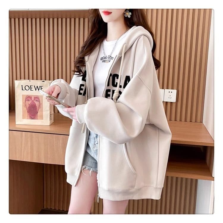 봄과 가을 옷 모방 후아 면 복잡한 우유 실크 빅 사이즈 지방 mm 지퍼 재킷 얇은 스타일 후드티 여성 상세 이미지 7