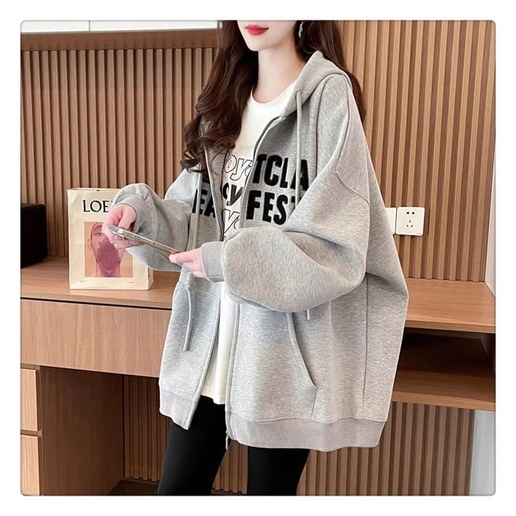 봄과 가을 옷 모방 후아 면 복잡한 우유 실크 빅 사이즈 지방 mm 지퍼 재킷 얇은 스타일 후드티 여성 상세 이미지 13