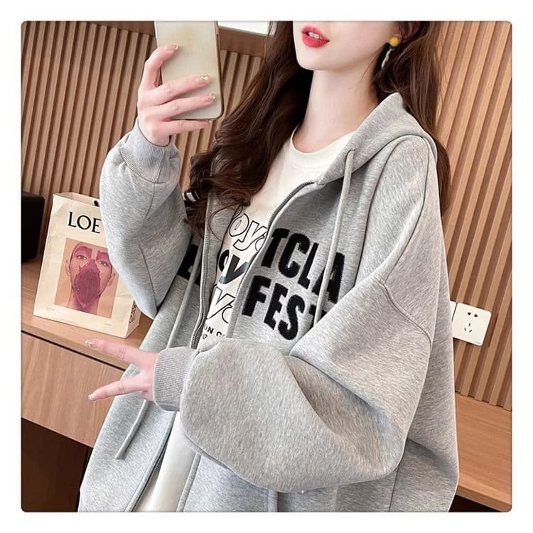 봄과 가을 옷 모방 후아 면 복잡한 우유 실크 빅 사이즈 지방 mm 지퍼 재킷 얇은 스타일 후드티 여성 상세 이미지 14