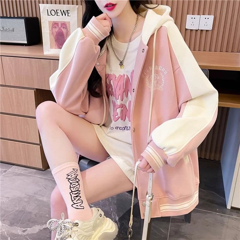 가을 의상 모방 후아 면 복잡한 우유 실크 빅 사이즈 야구 외투 페이크 레이어드 얇은 스타일 후드티 여성 이미지 3