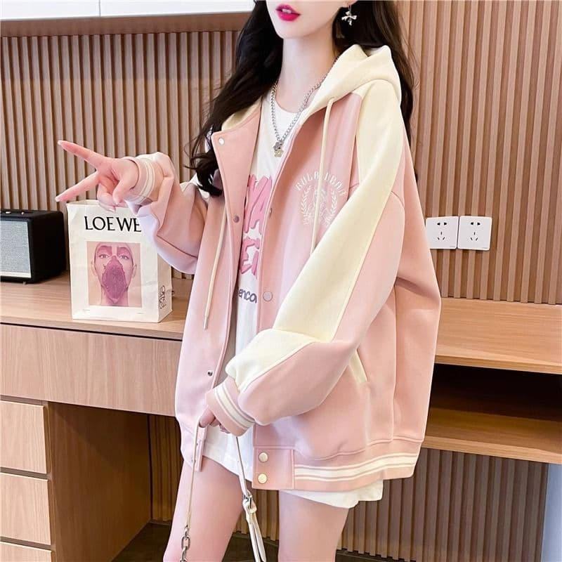 가을 의상 모방 후아 면 복잡한 우유 실크 빅 사이즈 야구 외투 페이크 레이어드 얇은 스타일 후드티 여성