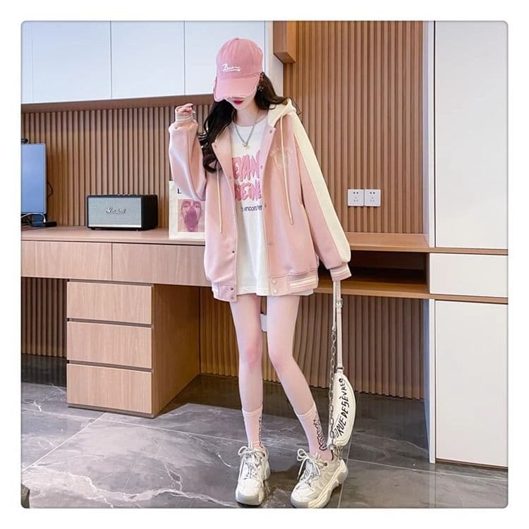 가을 의상 모방 후아 면 복잡한 우유 실크 빅 사이즈 야구 외투 페이크 레이어드 얇은 스타일 후드티 여성 상세 이미지 2
