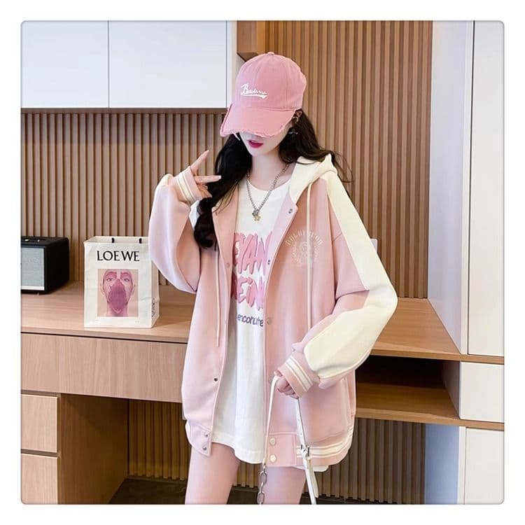 가을 의상 모방 후아 면 복잡한 우유 실크 빅 사이즈 야구 외투 페이크 레이어드 얇은 스타일 후드티 여성 상세 이미지 3