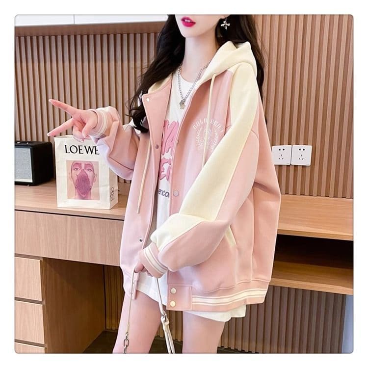 가을 의상 모방 후아 면 복잡한 우유 실크 빅 사이즈 야구 외투 페이크 레이어드 얇은 스타일 후드티 여성 상세 이미지 4