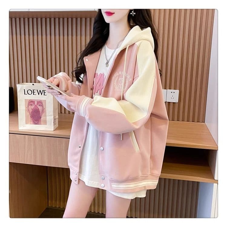 가을 의상 모방 후아 면 복잡한 우유 실크 빅 사이즈 야구 외투 페이크 레이어드 얇은 스타일 후드티 여성 상세 이미지 5