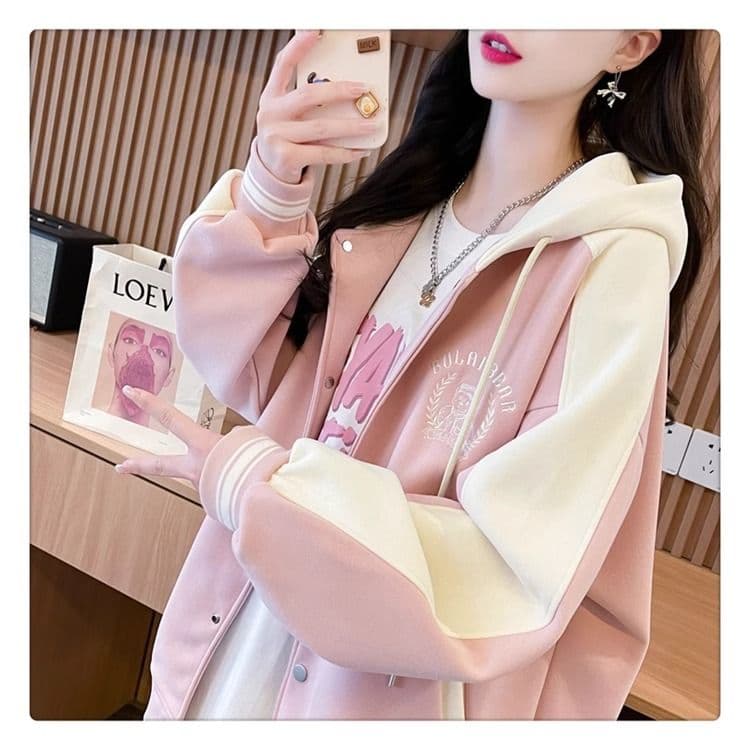 가을 의상 모방 후아 면 복잡한 우유 실크 빅 사이즈 야구 외투 페이크 레이어드 얇은 스타일 후드티 여성 상세 이미지 6