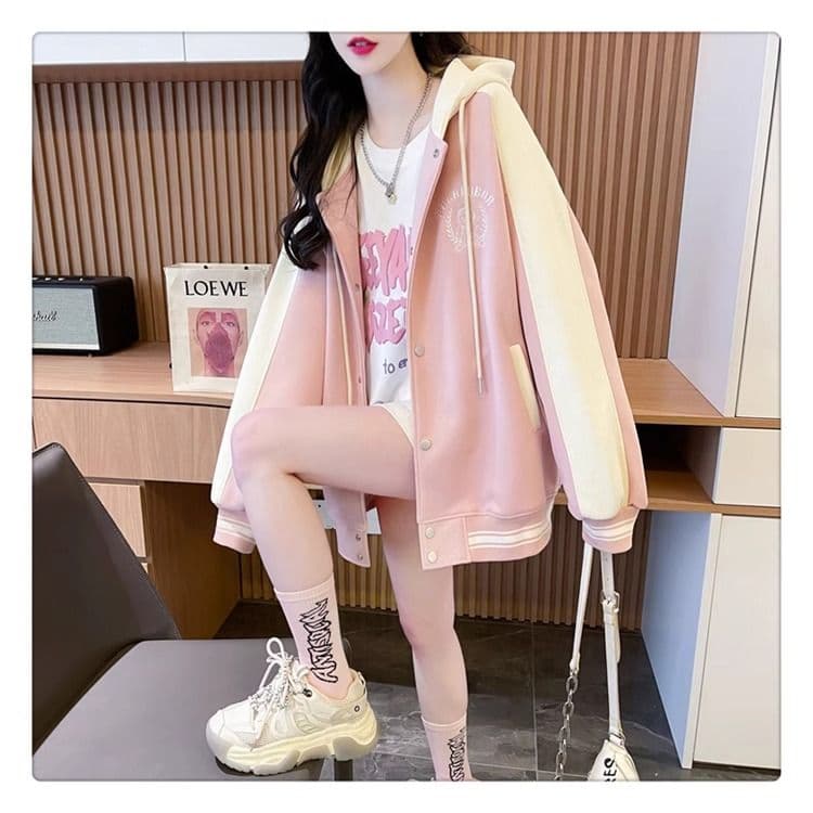 가을 의상 모방 후아 면 복잡한 우유 실크 빅 사이즈 야구 외투 페이크 레이어드 얇은 스타일 후드티 여성 상세 이미지 8