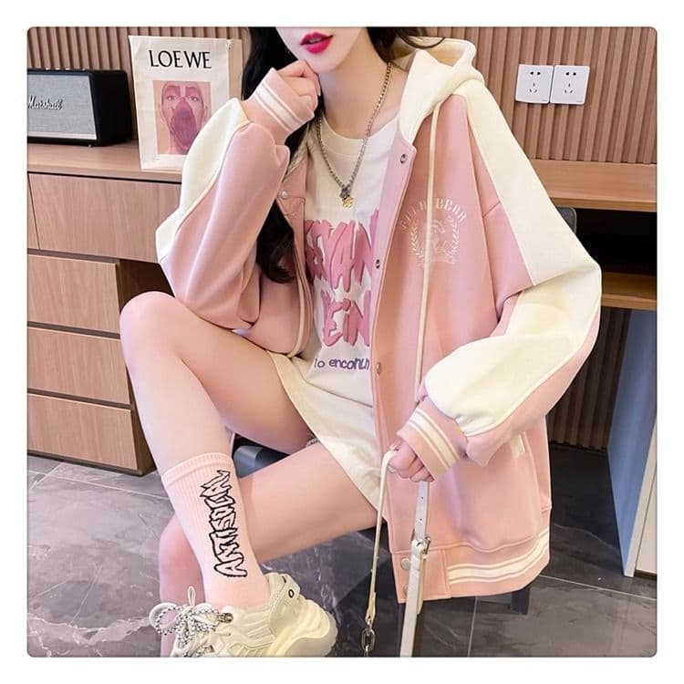 가을 의상 모방 후아 면 복잡한 우유 실크 빅 사이즈 야구 외투 페이크 레이어드 얇은 스타일 후드티 여성 상세 이미지 9