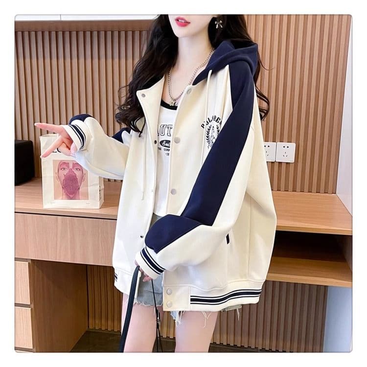 가을 의상 모방 후아 면 복잡한 우유 실크 빅 사이즈 야구 외투 페이크 레이어드 얇은 스타일 후드티 여성 상세 이미지 12
