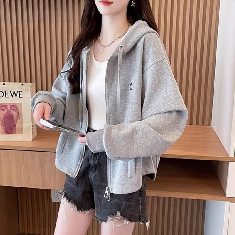 모방 후아 면 복잡한 우유 실크 작은 키 봄 가을 얇은 스타일 후드 맨위 재킷 후드티 여성 이미지 3