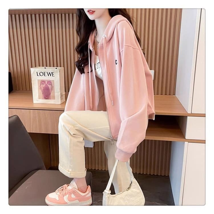 모방 후아 면 복잡한 우유 실크 작은 키 봄 가을 얇은 스타일 후드 맨위 재킷 후드티 여성 상세 이미지 3