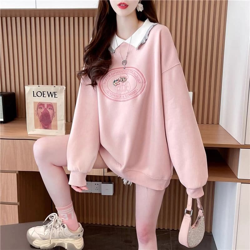 가을 의상 모방 후아 면 복잡한 우유 실크 빅 사이즈 지방 mm 맨위 얇은 스타일 POLO 칼라 후드티 여성 이미지 5