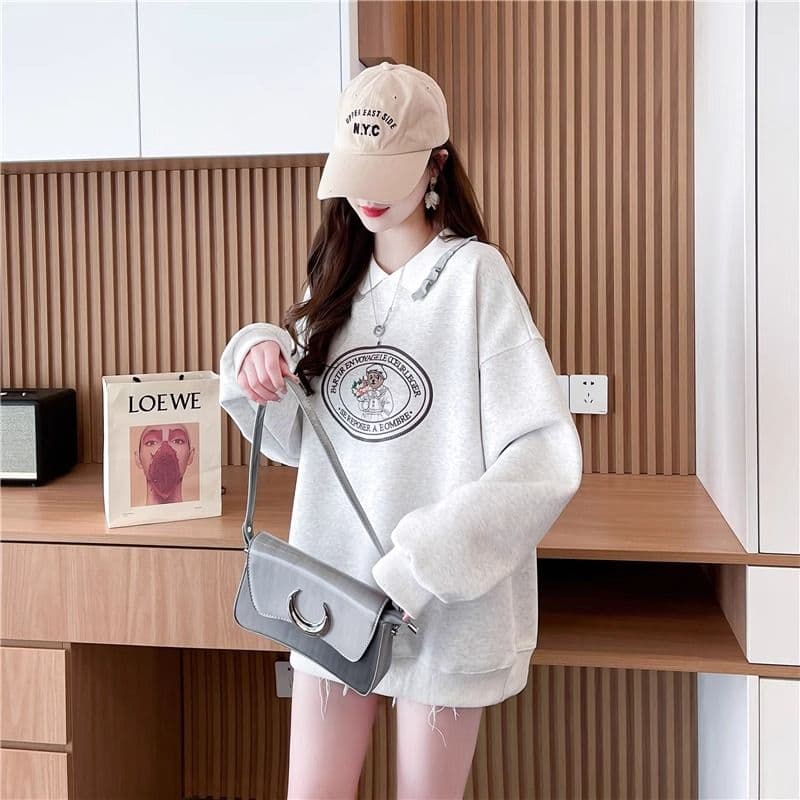 가을 의상 모방 후아 면 복잡한 우유 실크 빅 사이즈 지방 mm 맨위 얇은 스타일 POLO 칼라 후드티 여성 이미지 4