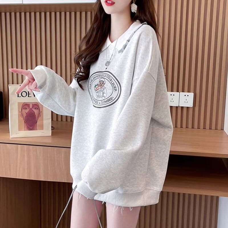 가을 의상 모방 후아 면 복잡한 우유 실크 빅 사이즈 지방 mm 맨위 얇은 스타일 POLO 칼라 후드티 여성 이미지 2