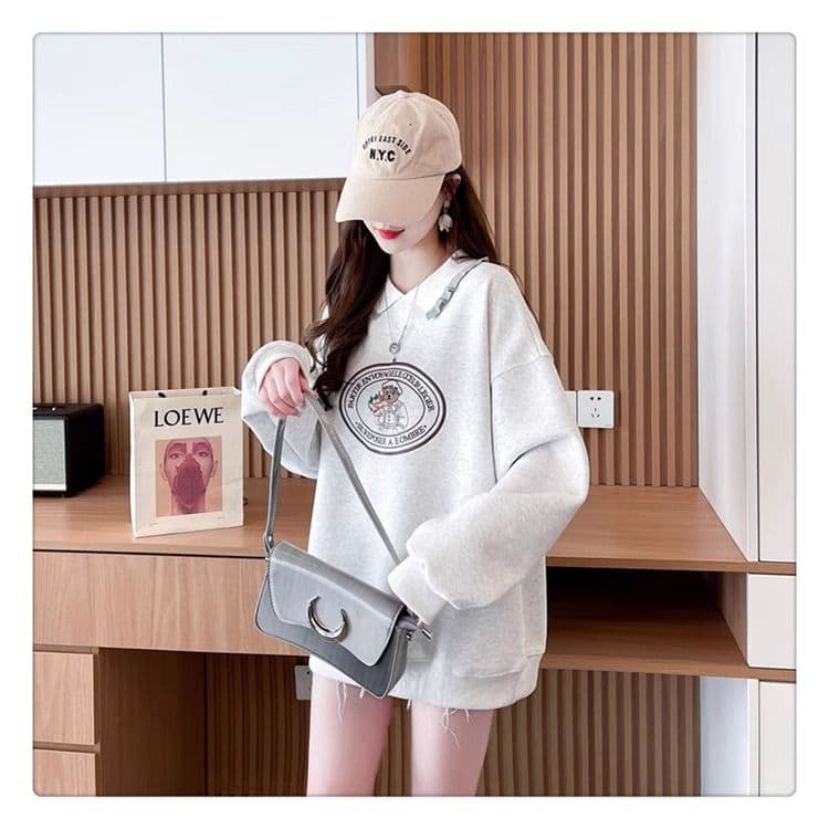 가을 의상 모방 후아 면 복잡한 우유 실크 빅 사이즈 지방 mm 맨위 얇은 스타일 POLO 칼라 후드티 여성 상세 이미지 3